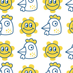 Cute Cartoon Sun and Chicken Seamless Pattern Cheerful Yellow and Blue Characters on White Background Hand Drawn Style Playful and Whimsical Design