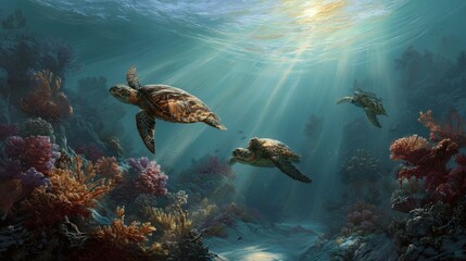 Obraz premium Majestic Sea Turtles Swimming Through Colorful Coral Reef Landscape