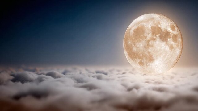 Celestial Solitude: The moon casts its luminous glow, gently floating above the fluffy, cloud-like terrain, it is an ode to quiet beauty