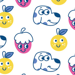 Cute Pixel Art Seamless Pattern Featuring Cartoon Dogs and Fruits on a White Background Ideal for Childrens Designs and Fabrics