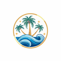 Obraz premium Tropical Island Scene with Palm Trees and Waves.