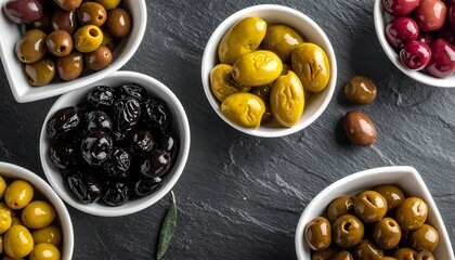 An assortment of olives in white bowls on a dark slate surface, showcasing various types and colors