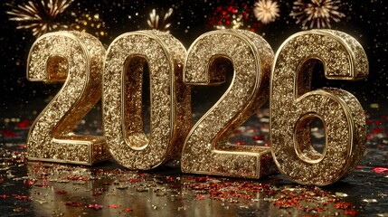 Luxurious 3D golden &ldquo;2026&rdquo; standing on a glossy black stage with sparkling fireworks and glowing confetti