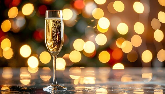 Elegant champagne flute against a festive background of shimmering lights, celebrating a joyful occasion