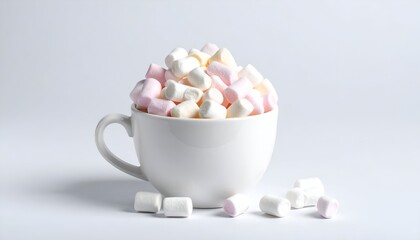 A white cup overflowing with colorful marshmallows on a clean background, perfect for dessert inspiration