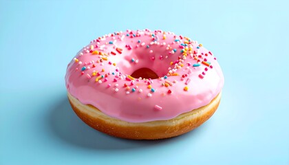 Delicious pink frosted donut with colorful sprinkles on a light blue background, perfect for dessert lovers