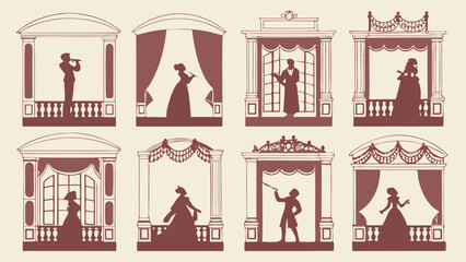 Historical Opera and Theater Silhouettes in Ornate Balcony Frames for Event Invitations and Cultural Programs