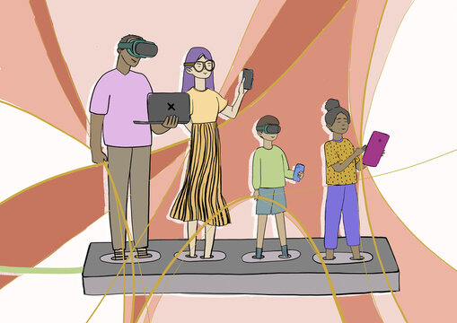 Illustration of a connected family using various digital devices