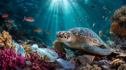 Obraz premium Majestic Sea Turtle Swimming Through Coral Reef with Plastic Waste