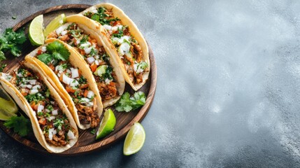 Delicious traditional Mexican tacos filled with seasoned meat fresh herbs and vegetables served with lime wedges on a wooden plate against a textured grey background