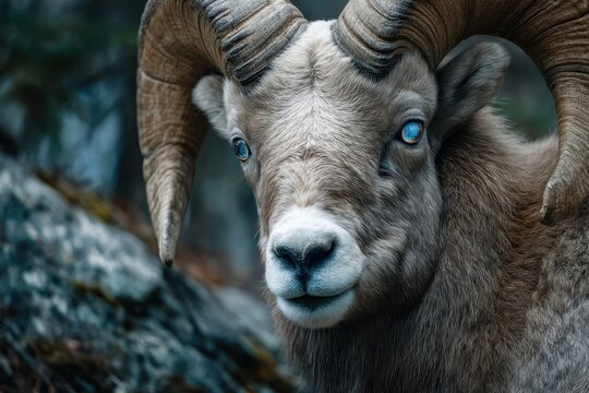 Bighorn sheep with striking blue eyes in a rocky mountainous habitat during early morning light