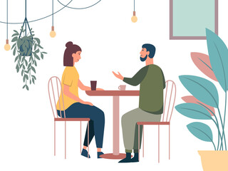 Man and women chatting at a table in a modern cafe. Flat Illustration on transparent background