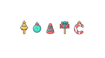 Fototapeta premium Christmas Festival Icons Set: Golden Tree, Teal Bauble, Striped Santa Hat, Bow Gift Box and Candy Cane for Holiday Designs and Decorative Materials