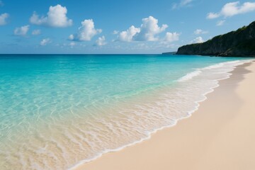 Seashore Serenity: Witness the harmonious dance of crystal-clear turquoise waters gently caressing a pristine sandy beach, mirroring a vibrant blue sky adorned with fluffy white clouds.