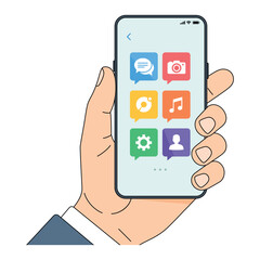 hand holding smartphone with social media icons