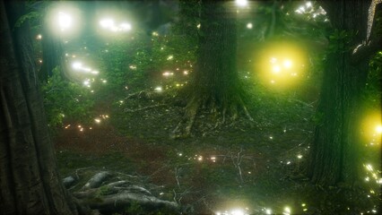 Obraz premium A dense forest comes alive at twilight, filled with enchanting glowing orbs floating among ancient trees. The atmosphere is mystical, inviting exploration and wonder.