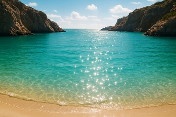 Tranquil Coastal Beauty: A serene coastal vista unfolds, with shimmering turquoise waters lapping gently onto a pristine sandy beach, framed by majestic cliffs under a radiant sky.