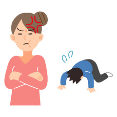 土下座する男性と怒る女性のイラスト