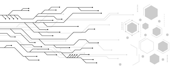 Abstract digital circuit board background with black and gray connection lines and hexagonal shapes representing technology, AI, data network, and innovation design.