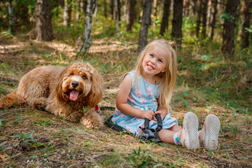 Little child girl holds the leash of Curly brown goldendoodle dog or Cavapoo breed walk outdoors in summer in the forest