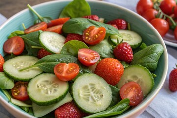 A bowl of salad with tomatoes, cucumbers, and strawberries