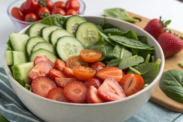 A bowl of salad with tomatoes, cucumbers, and strawberries