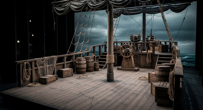 Dramatic pirate ship deck with stormy seas and weathered wood creates an immersive historical adventure setting