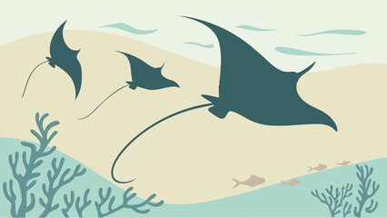 Graceful Manta Rays Swimming Underwater in a Peaceful Ocean Scene with Seaweed for Marine Conservation and Eco-Friendly Travel Design