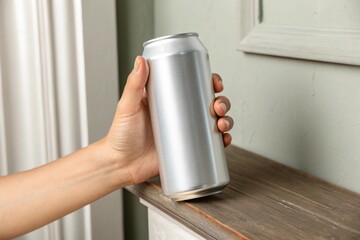 A hand holding a can of soda