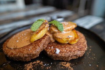Chocolate Pancakes with Caramelized Banana and Mint
