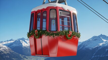 The bright red cable car cabin is decorated with fluffy fir branches, Christmas wreaths and twinkling garlands.