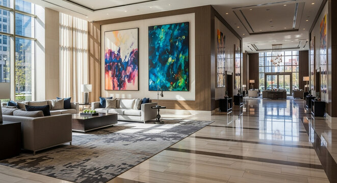 Elegant modern hotel lobby with vibrant abstract art, luxurious seating, and natural light creating a welcoming, sophisticated atmosphere for guests.