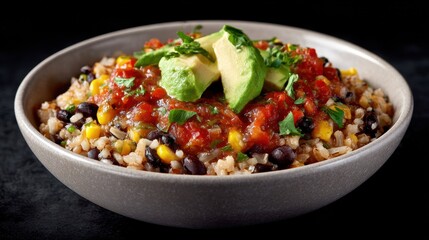 Colorful, nutritious and hearty quinoa salad bowl filled with black beans corn tomatoes avocado and cilantro served in a modern ceramic bowl on a dark background