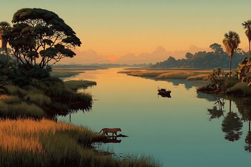 Vast Pantanal wetlands golden sunset jaguar high resolution picture