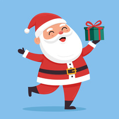 Happy Santa Claus holding a green present with red ribbon, smiling joyfully on a solid blue background, Christmas celebration