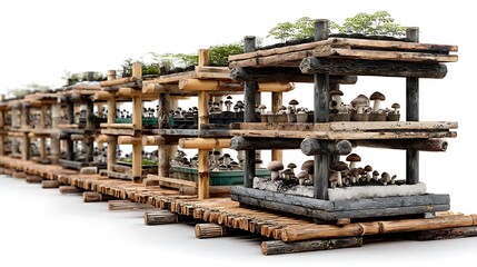 White black mushrooms mossy bamboo stand high resolution picture