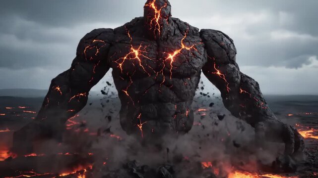 Colossal Lava Golem Rises from a Fiery Volcanic Landscape in an Epic Awakening