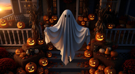 Spooky Ghost Floating Among Glowing Carved Pumpkins on Decorated Porch at Sunset