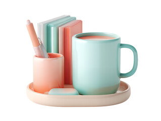 cup of coffee and books 3d style on transparent background