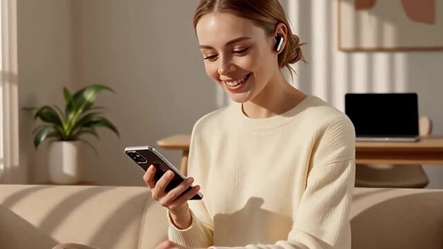 Femme souriante faisant un achat en ligne avec son smartphone et une carte bancaire &agrave; la maison