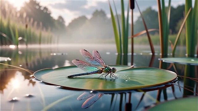 Libellule pos&eacute;e sur une feuille de n&eacute;nuphar au bord d&rsquo;un &eacute;tang au lever du soleil