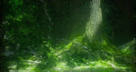 In a serene woodland, sunlight illuminates the green foliage surrounding a tall tree. The ground is covered in moss and fallen branches, creating a tranquil atmosphere.