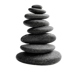 Stacked smooth grey river stones balanced precariously against a black background rock