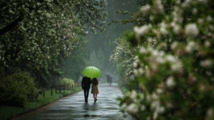 Obraz premium A couple walks under a green umbrella in a rain-soaked park, surrounded by blooming flowers and a serene atmosphere.