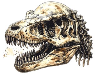 Artistic illustration of a Tyrannosaurus Rex skull, detailed and shaded