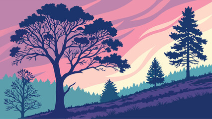 Tranquil Flat Design Landscape with Silhouette Trees Rolling Hills and Pink Purple Sunset Sky for Web Backgrounds and Digital Art
