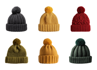 Colorful knitted winter pom-pom beanies collection isolated on transparent background