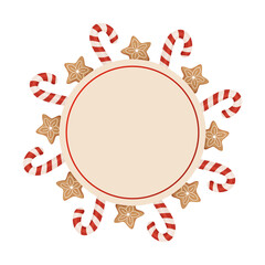Round beige Christmas frame decorated with striped candy canes and gingerbread cookies, festive holiday
