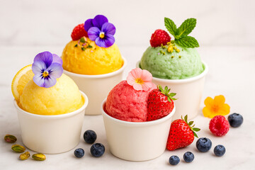 Elegant fruit sorbet still life with fresh toppings on marble.