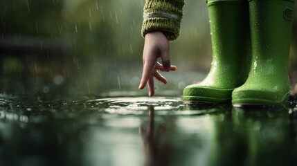 A child's hand reaches out to touch rippling water while wearing bright green rain boots, capturing the joy of a rainy day.